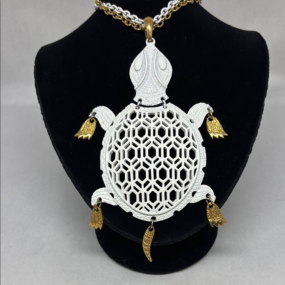 Adorable white enamel with gold accents turtle necklace